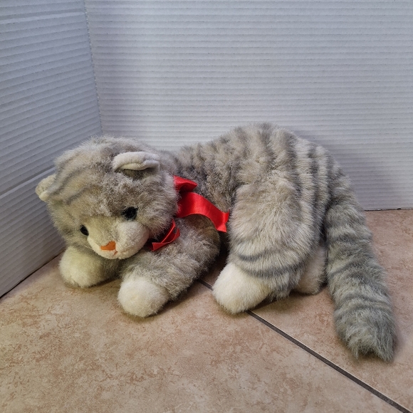 Ty Beanie Buddies Al E. Cat Striped Gray Tabby Cat Plush 13" Red Bow 1995 - Picture 2 of 11